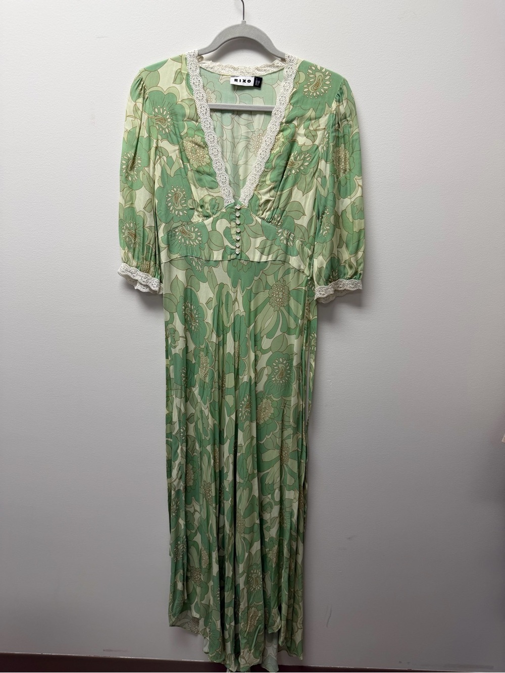 RIXO Sage Green Floral Lace-Trim Maxi Chemise Dress